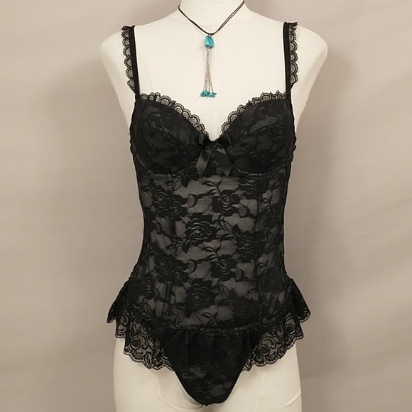 Sexy Black Lace Lingerie Bustier Corset w Thong - Picture 1 of 11